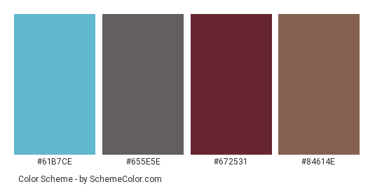 French Street - Color scheme palette thumbnail - #61b7ce #655e5e #672531 #84614e 