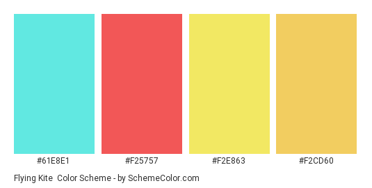 Flying Kite - Color scheme palette thumbnail - #61e8e1 #f25757 #f2e863 #f2cd60 