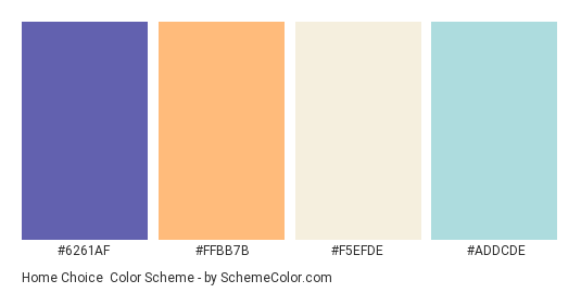 Home Choice - Color scheme palette thumbnail - #6261AF #FFBB7B #F5EFDE #ADDCDE 
