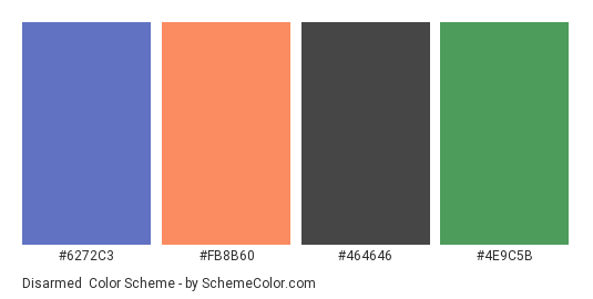 Disarmed - Color scheme palette thumbnail - #6272c3 #fb8b60 #464646 #4e9c5b 