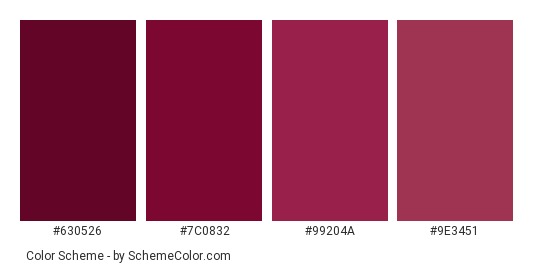Violet Lipstick - Color scheme palette thumbnail - #630526 #7c0832 #99204a #9e3451 