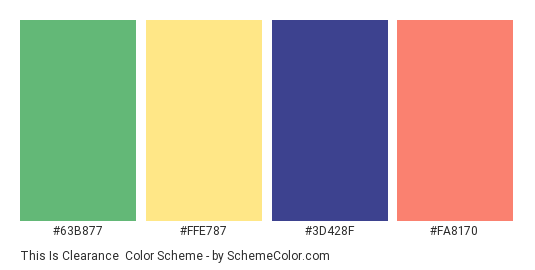 This is Clearance - Color scheme palette thumbnail - #63B877 #FFE787 #3D428F #FA8170 