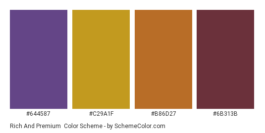 Rich and Premium - Color scheme palette thumbnail - #644587 #C29A1F #B86D27 #6B313B 