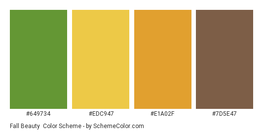 Fall Beauty - Color scheme palette thumbnail - #649734 #EDC947 #E1A02F #7D5E47 