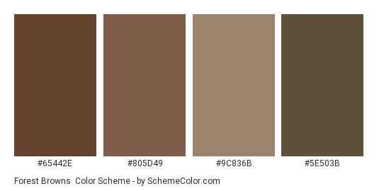 Forest Browns - Color scheme palette thumbnail - #65442E #805D49 #9C836B #5E503B 