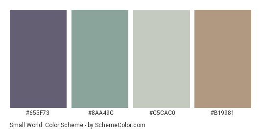 Small World - Color scheme palette thumbnail - #655F73 #8AA49C #C5CAC0 #B19981 