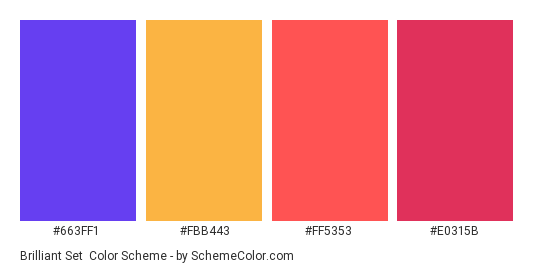 Brilliant Set - Color scheme palette thumbnail - #663FF1 #FBB443 #FF5353 #E0315B 