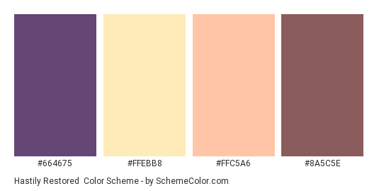 Hastily Restored - Color scheme palette thumbnail - #664675 #FFEBB8 #FFC5A6 #8A5C5E 
