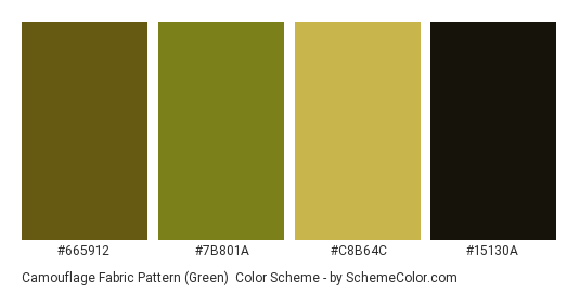 Camouflage Fabric Pattern (Green) - Color scheme palette thumbnail - #665912 #7b801a #c8b64c #15130a 