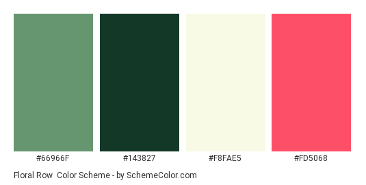 Floral Row - Color scheme palette thumbnail - #66966f #143827 #f8fae5 #fd5068 