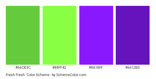 Fresh Fresh - Color scheme palette thumbnail - #66CB3C #88FF42 #8A18FF #6612BD 