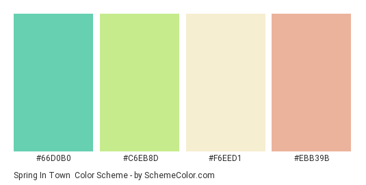 Spring in Town - Color scheme palette thumbnail - #66D0B0 #C6EB8D #F6EED1 #EBB39B 