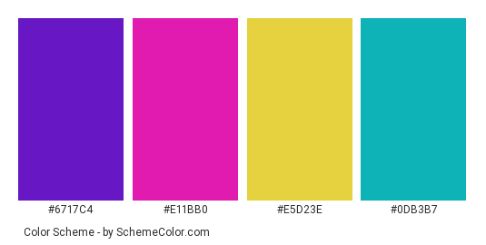 Different Hair Colors - Color scheme palette thumbnail - #6717C4 #E11BB0 #E5D23E #0DB3B7 