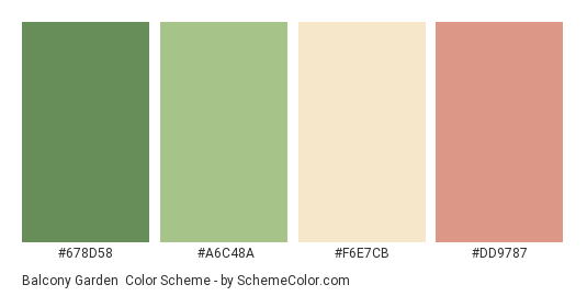 Balcony Garden - Color scheme palette thumbnail - #678d58 #a6c48a #f6e7cb #dd9787 