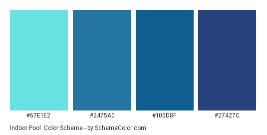 Indoor pool - Color scheme palette thumbnail - #67e1e2 #2475a0 #105d8f #27427c 