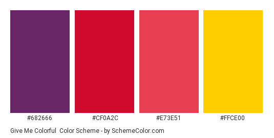 Give me colorful - Color scheme palette thumbnail - #682666 #CF0A2C #E73E51 #FFCE00 