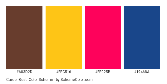 Career-Best - Color scheme palette thumbnail - #683d2d #fec516 #fe025b #19468a 
