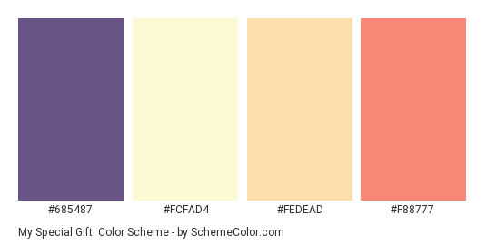 My Special Gift - Color scheme palette thumbnail - #685487 #FCFAD4 #FEDEAD #F88777 