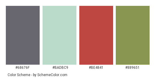 Nature Neighborhoods - Color scheme palette thumbnail - #68676f #badbc9 #be4841 #889651 