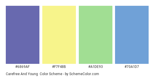 Carefree and Young - Color scheme palette thumbnail - #6869AF #F7F48B #A1DE93 #70A1D7 