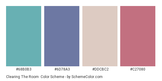Clearing the Room - Color scheme palette thumbnail - #68B0B3 #6D78A3 #DDCBC2 #C27080 