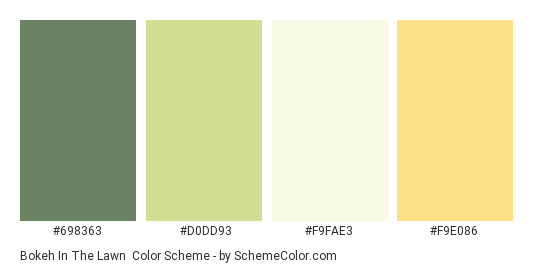 Bokeh In The Lawn - Color scheme palette thumbnail - #698363 #D0DD93 #F9FAE3 #F9E086 