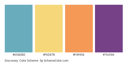 Discovery - Color scheme palette thumbnail - #69ADBD #F6D87B #F49956 #764186 