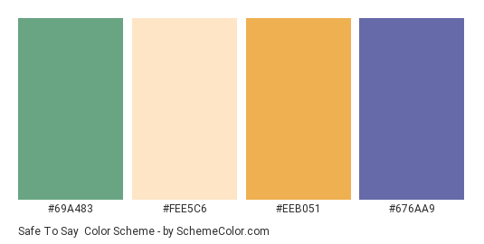 Safe to Say - Color scheme palette thumbnail - #69a483 #fee5c6 #eeb051 #676aa9 
