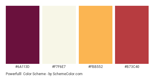 Powerfulll - Color scheme palette thumbnail - #6A113D #F7F6E7 #FBB552 #B73C40 