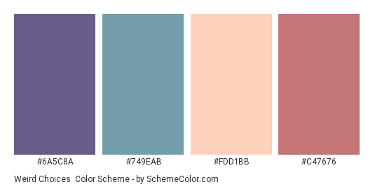 Weird Choices - Color scheme palette thumbnail - #6A5C8A #749EAB #FDD1BB #C47676 