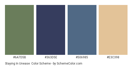 Staying in Unease - Color scheme palette thumbnail - #6A7D5B #363D5E #506985 #E3C398 