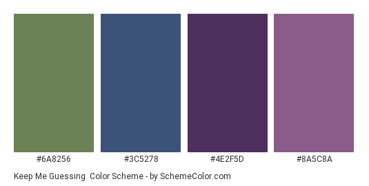 Keep Me Guessing - Color scheme palette thumbnail - #6A8256 #3C5278 #4E2F5D #8A5C8A 