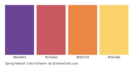 Spring Festival - Color scheme palette thumbnail - #6B4494 #C95A62 #EB8744 #FAD46B 