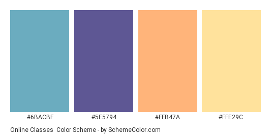 Online Classes - Color scheme palette thumbnail - #6BACBF #5E5794 #FFB47A #FFE29C 