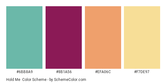 Hold Me - Color scheme palette thumbnail - #6BB8A9 #8B1A56 #EFA06C #F7DE97 