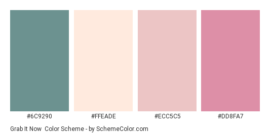 Grab it Now - Color scheme palette thumbnail - #6C9290 #FFEADE #ECC5C5 #DD8FA7 