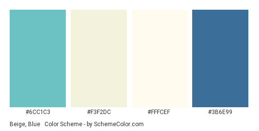 Beige, Blue & White - Color scheme palette thumbnail - #6CC1C3 #F3F2DC #fffcef #3B6E99 