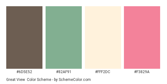 Great View - Color scheme palette thumbnail - #6D5E52 #82AF91 #FFF2DC #F3829A 