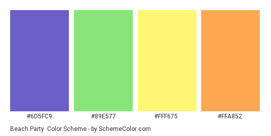 Beach Party - Color scheme palette thumbnail - #6D5FC9 #89E577 #FFF675 #FFA852 