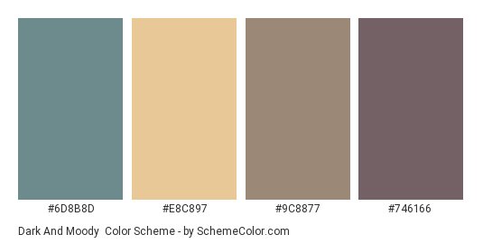 Dark and Moody - Color scheme palette thumbnail - #6D8B8D #E8C897 #9C8877 #746166 