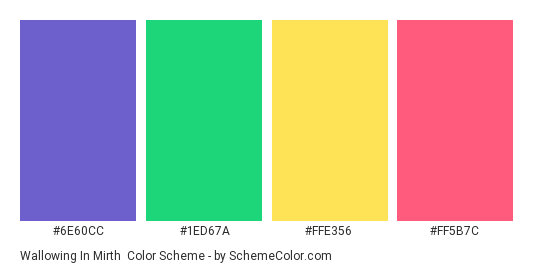 Wallowing in Mirth - Color scheme palette thumbnail - #6E60CC #1ED67A #ffe356 #FF5B7C 
