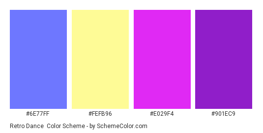 Retro Dance - Color scheme palette thumbnail - #6E77FF #FEFB96 #E029F4 #901EC9 
