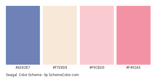 Seagal - Color scheme palette thumbnail - #6E82B7 #F7E8D8 #F9CBD0 #F492A5 