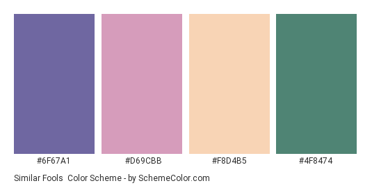 Similar Fools - Color scheme palette thumbnail - #6F67A1 #D69CBB #F8D4B5 #4F8474 