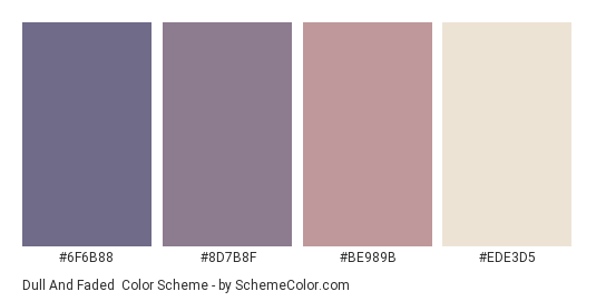 Dull and Faded - Color scheme palette thumbnail - #6F6B88 #8D7B8F #BE989B #EDE3D5 