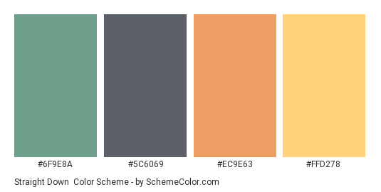 Straight Down - Color scheme palette thumbnail - #6F9E8A #5C6069 #EC9E63 #FFD278 