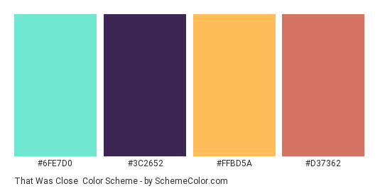 That was Close - Color scheme palette thumbnail - #6FE7D0 #3C2652 #FFBD5A #D37362 