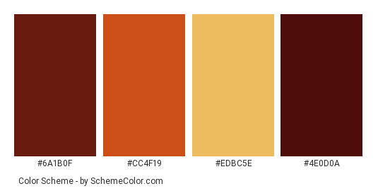 Kingly Rose - Color scheme palette thumbnail - #6a1b0f #cc4f19 #edbc5e #4e0d0a 