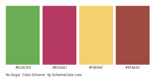 No Sugar - Color scheme palette thumbnail - #6cac54 #b53a61 #f4d06f #9f4a43 