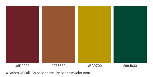 4 Colors Of Fall - Color scheme palette thumbnail - #6d2028 #975632 #bb9700 #004833 